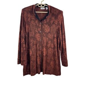 Chicos slinky Travelers Asian Print Button Front Cardigan Jacket Brown Size XL